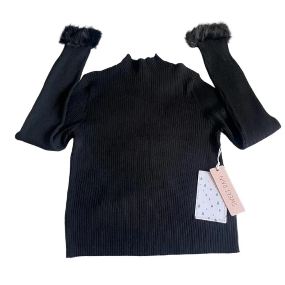 Sweet Rain Ribbed Faux Fur Long Sleeve Tee Women’s Black Size XL